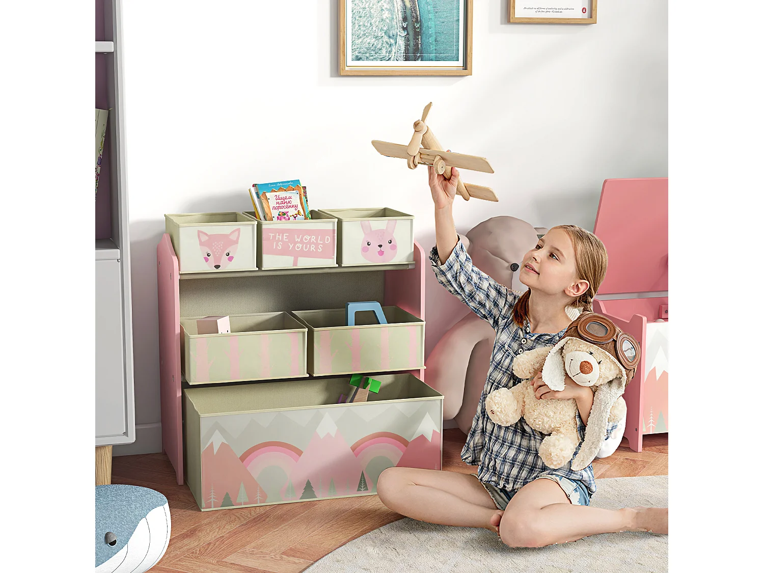 Étagère de rangement enfant design mountain adventure - 6 tiroirs - MDF tissu non tissé - rose