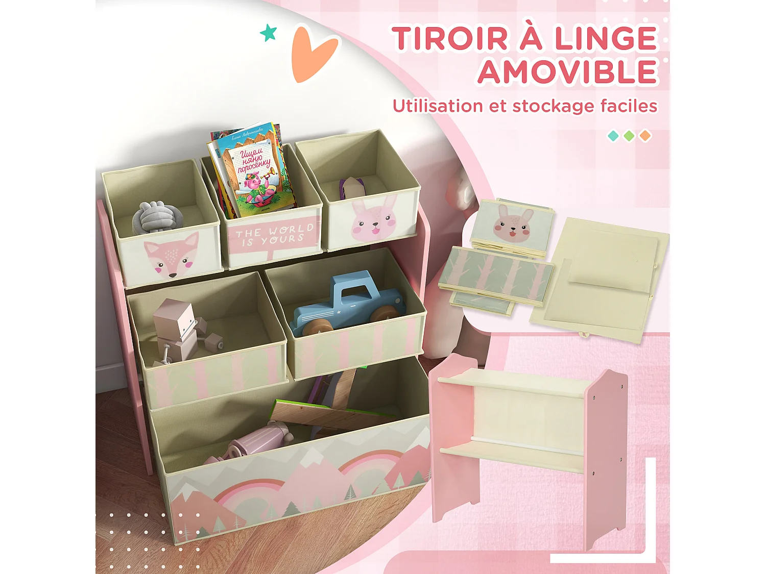 Étagère de rangement enfant design mountain adventure - 6 tiroirs - MDF tissu non tissé - rose