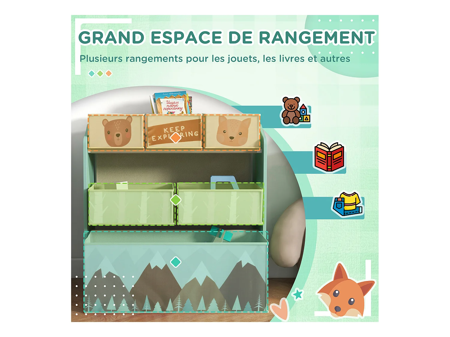 Étagère de rangement enfant design mountain adventure - 6 tiroirs - MDF tissu non tissé - vert