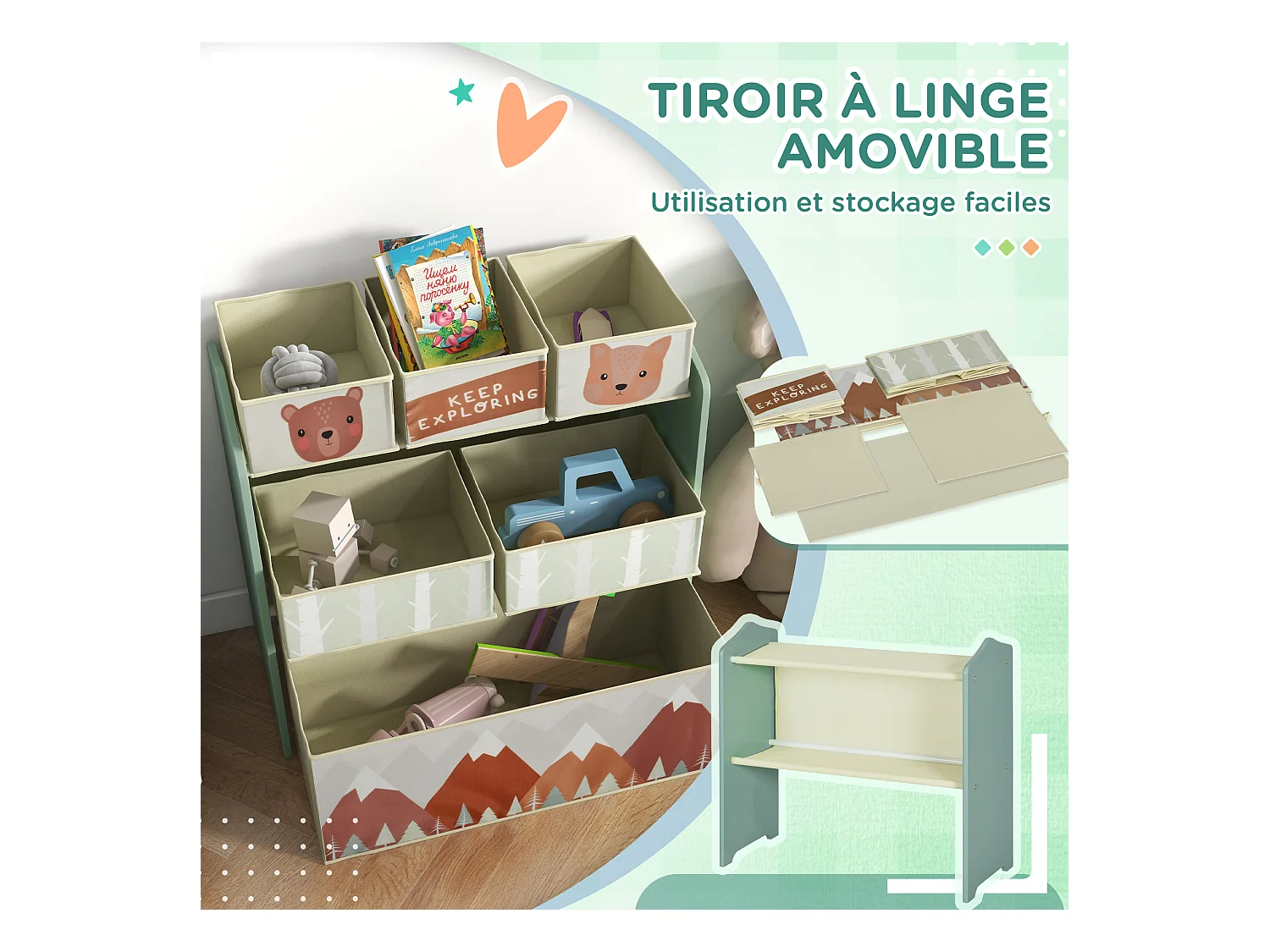 Étagère de rangement enfant design mountain adventure - 6 tiroirs - MDF tissu non tissé - vert