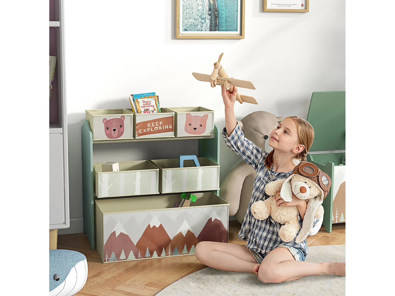 Étagère de rangement enfant design mountain adventure - 6 tiroirs - MDF tissu non tissé - vert