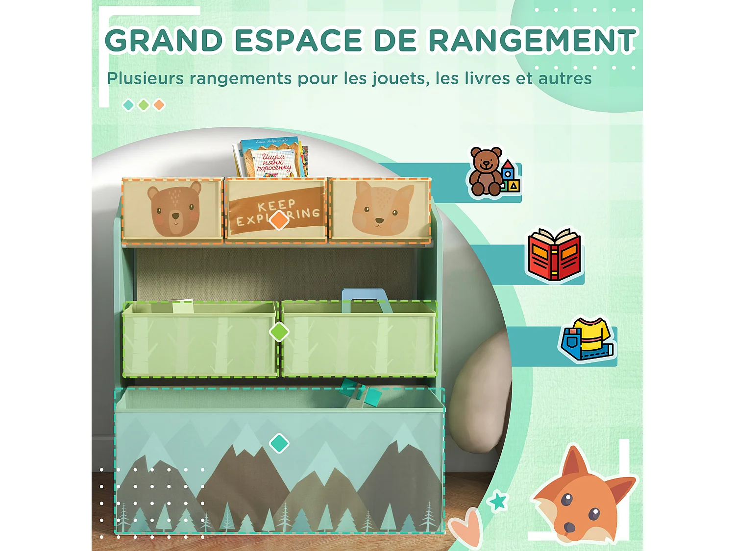 Étagère de rangement enfant design mountain adventure - 6 tiroirs - MDF tissu non tissé - vert