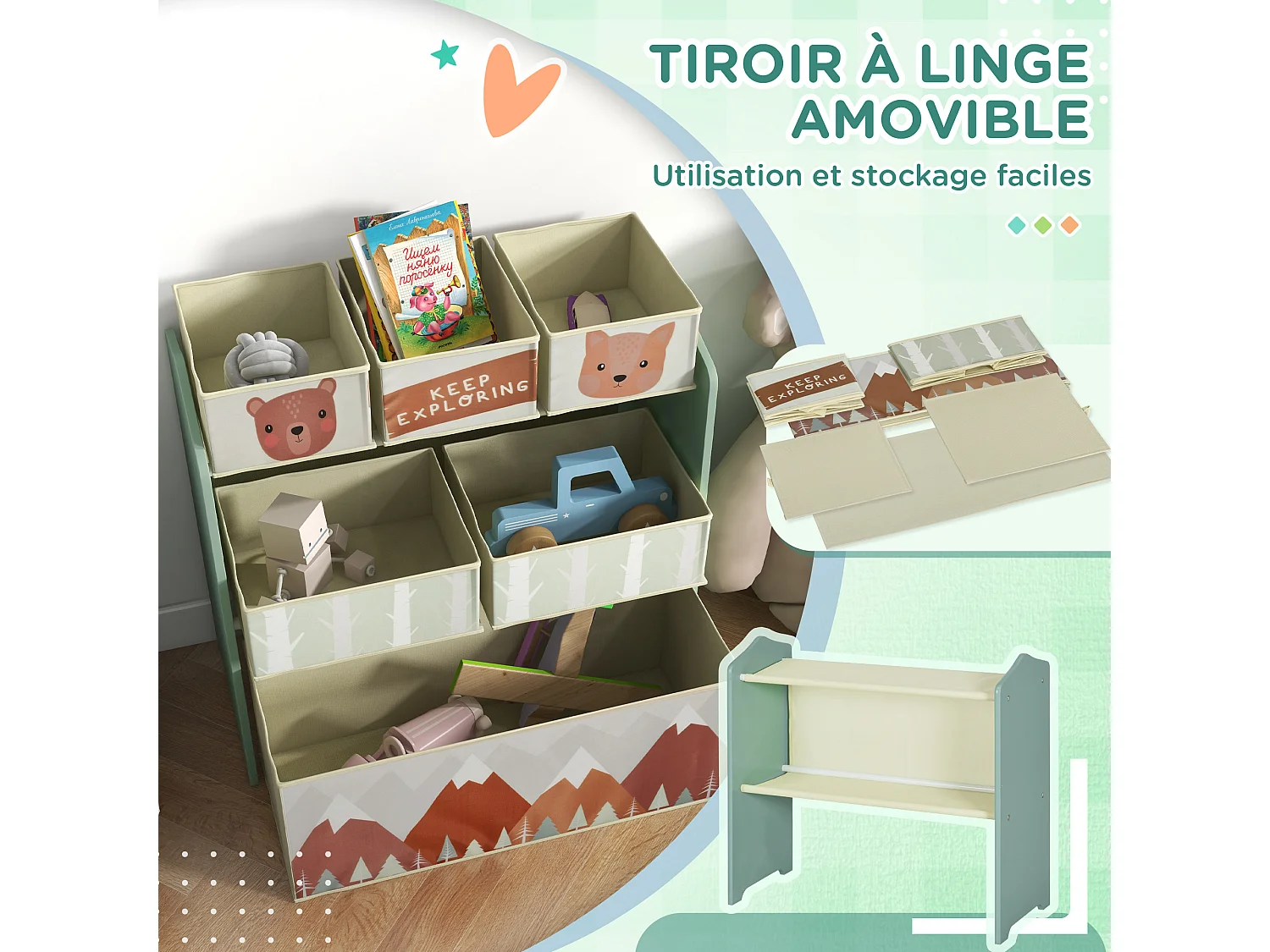 Étagère de rangement enfant design mountain adventure - 6 tiroirs - MDF tissu non tissé - vert