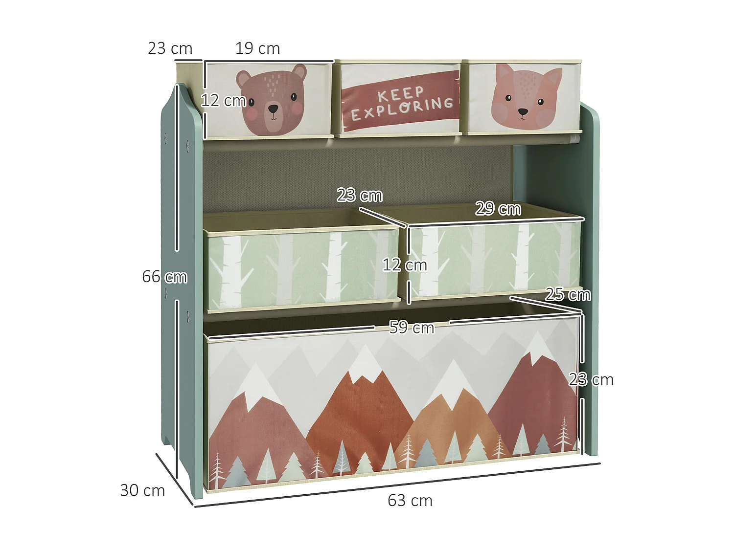Étagère de rangement enfant design mountain adventure - 6 tiroirs - MDF tissu non tissé - vert
