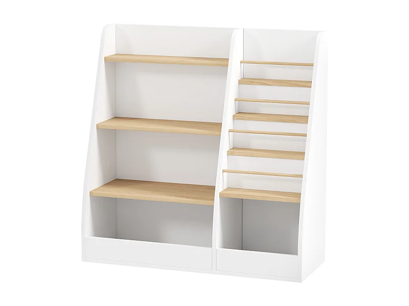 Bibliothèque enfant style nordique - 7 étagères, 2 niches - MDF blanc bois de pin clair
