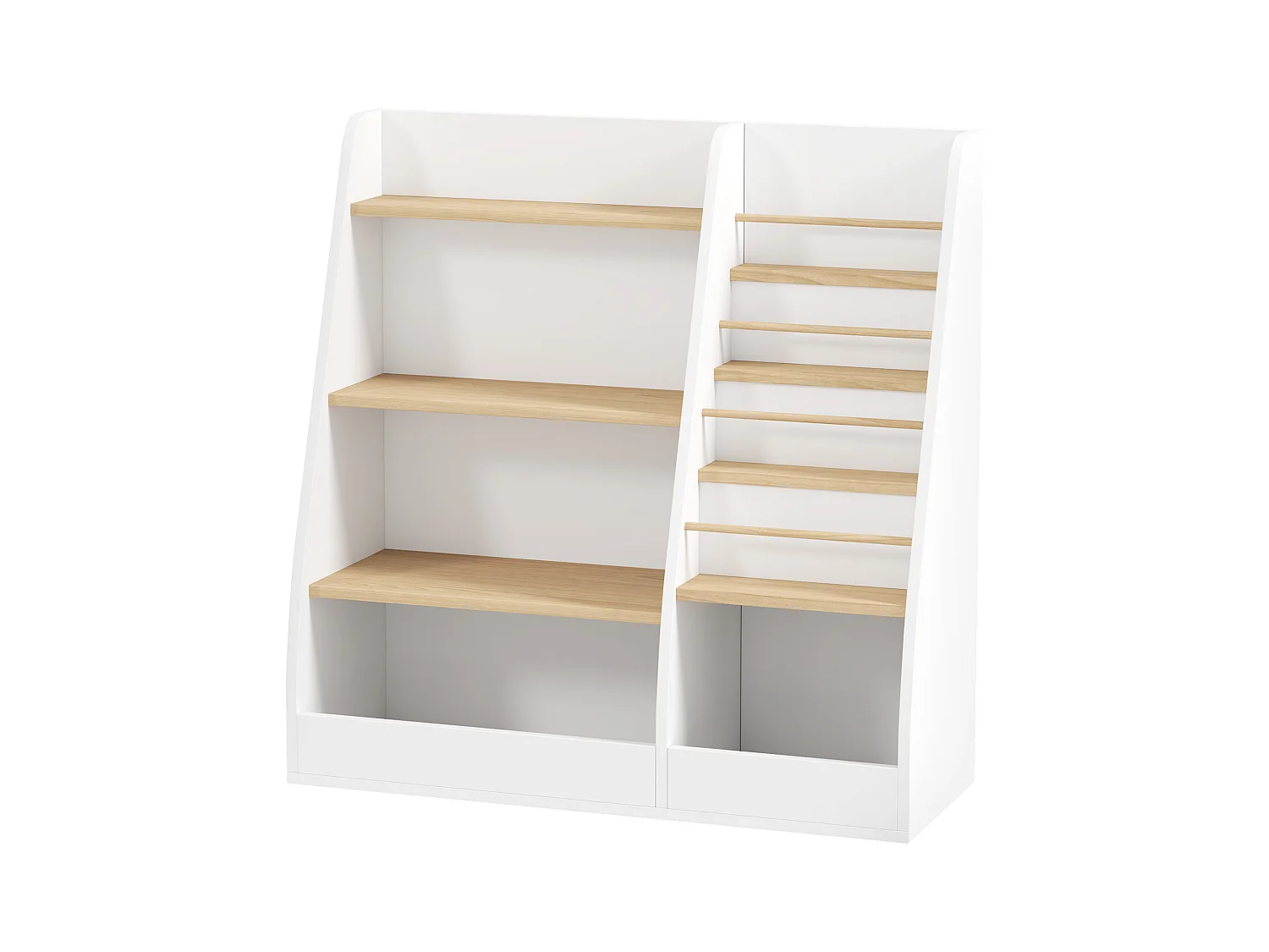 Bibliothèque enfant style nordique - 7 étagères, 2 niches - MDF blanc bois de pin clair