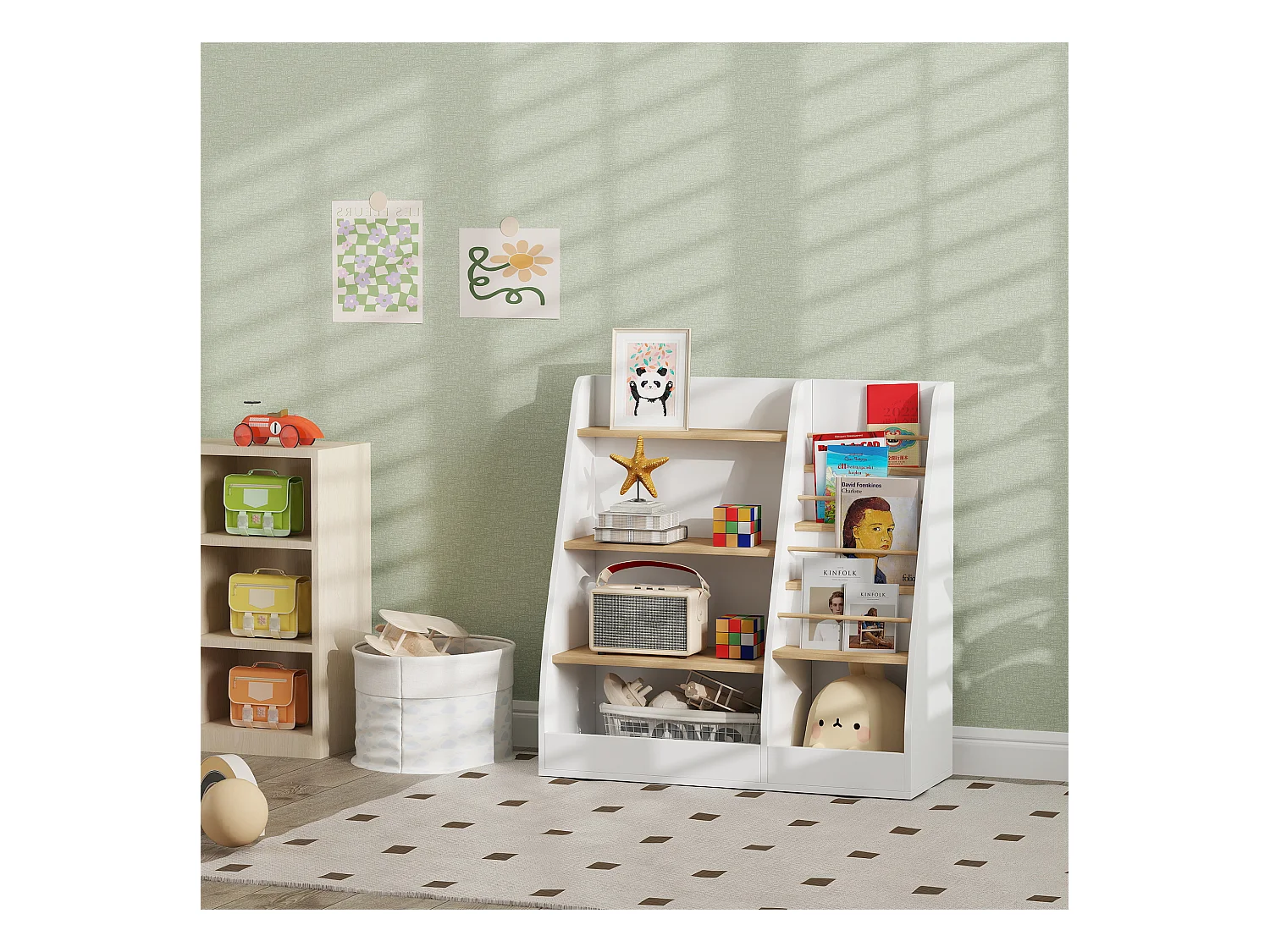 Bibliothèque enfant style nordique - 7 étagères, 2 niches - MDF blanc bois de pin clair