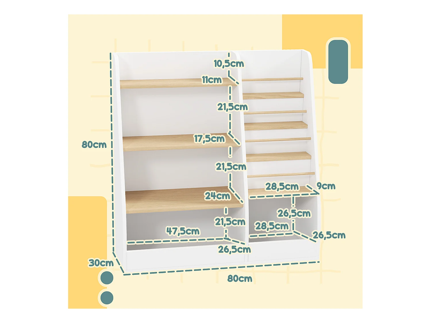 Bibliothèque enfant style nordique - 7 étagères, 2 niches - MDF blanc bois de pin clair