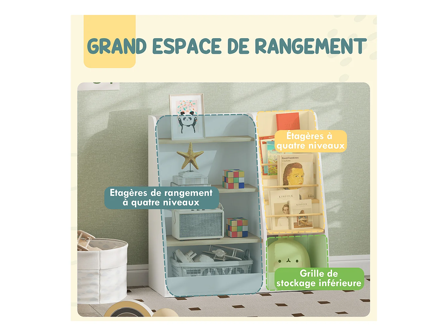 Bibliothèque enfant style nordique - 7 étagères, 2 niches - MDF blanc bois de pin clair