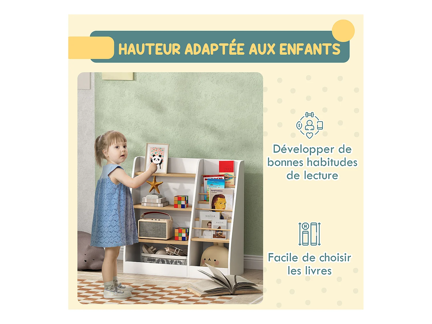 Bibliothèque enfant style nordique - 7 étagères, 2 niches - MDF blanc bois de pin clair