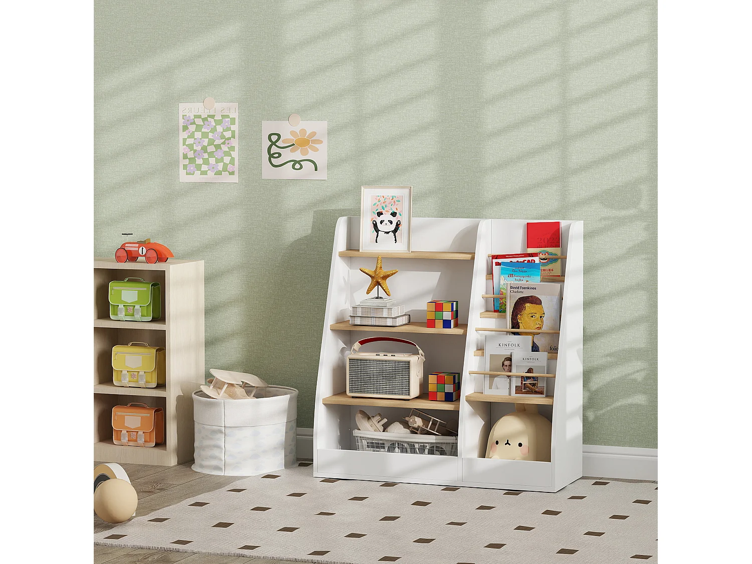 Bibliothèque enfant style nordique - 7 étagères, 2 niches - MDF blanc bois de pin clair