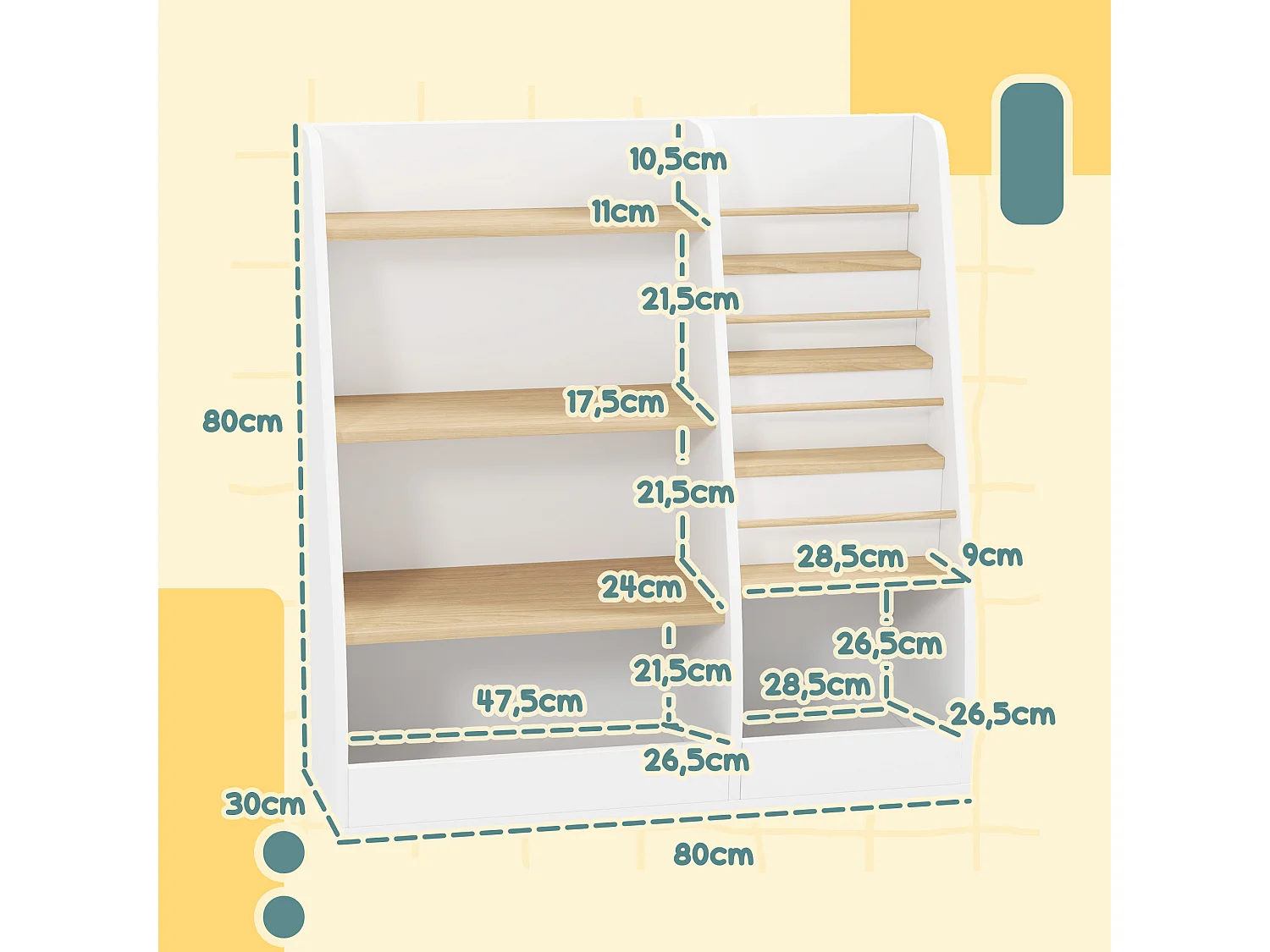 Bibliothèque enfant style nordique - 7 étagères, 2 niches - MDF blanc bois de pin clair