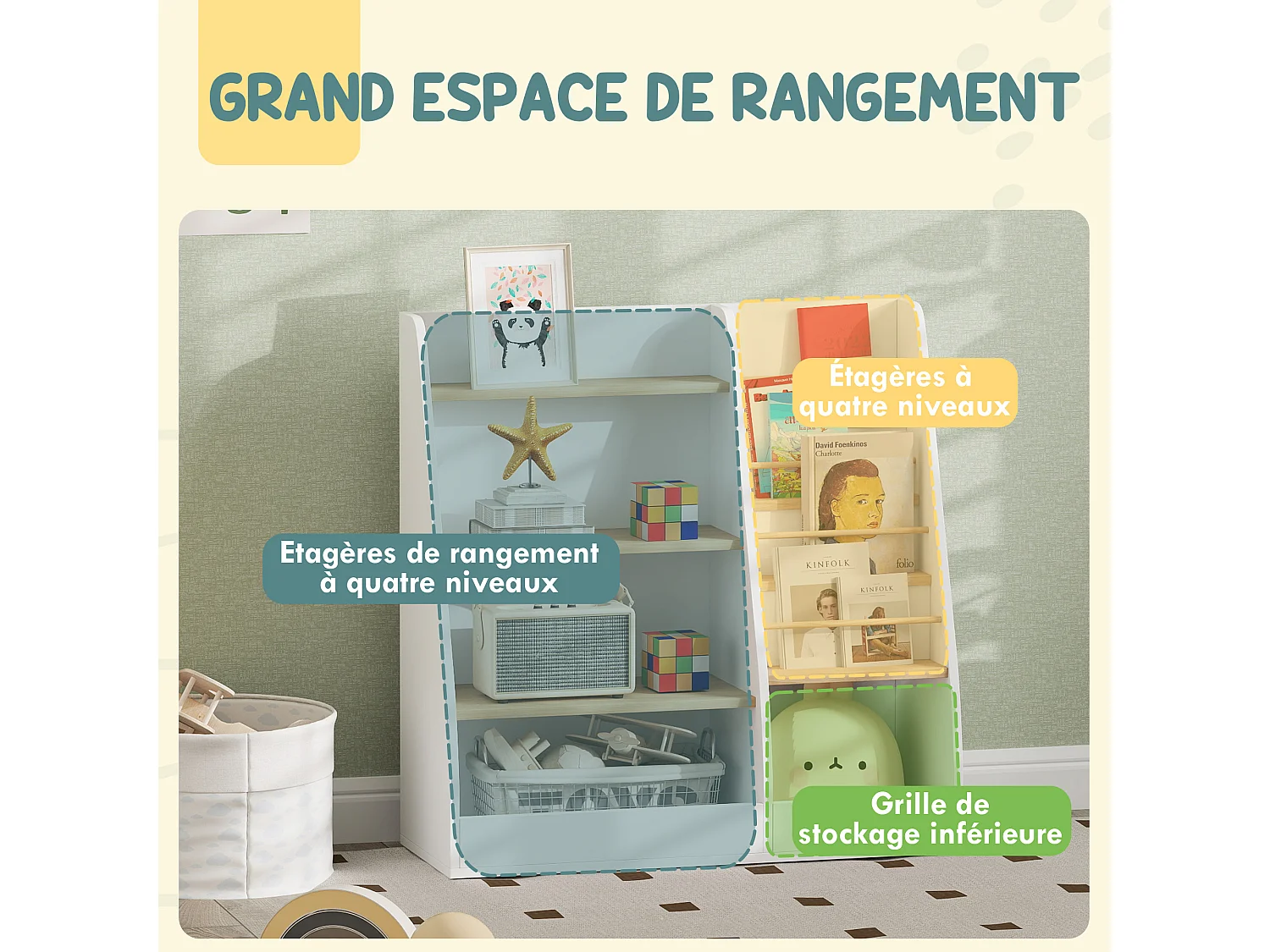 Bibliothèque enfant style nordique - 7 étagères, 2 niches - MDF blanc bois de pin clair