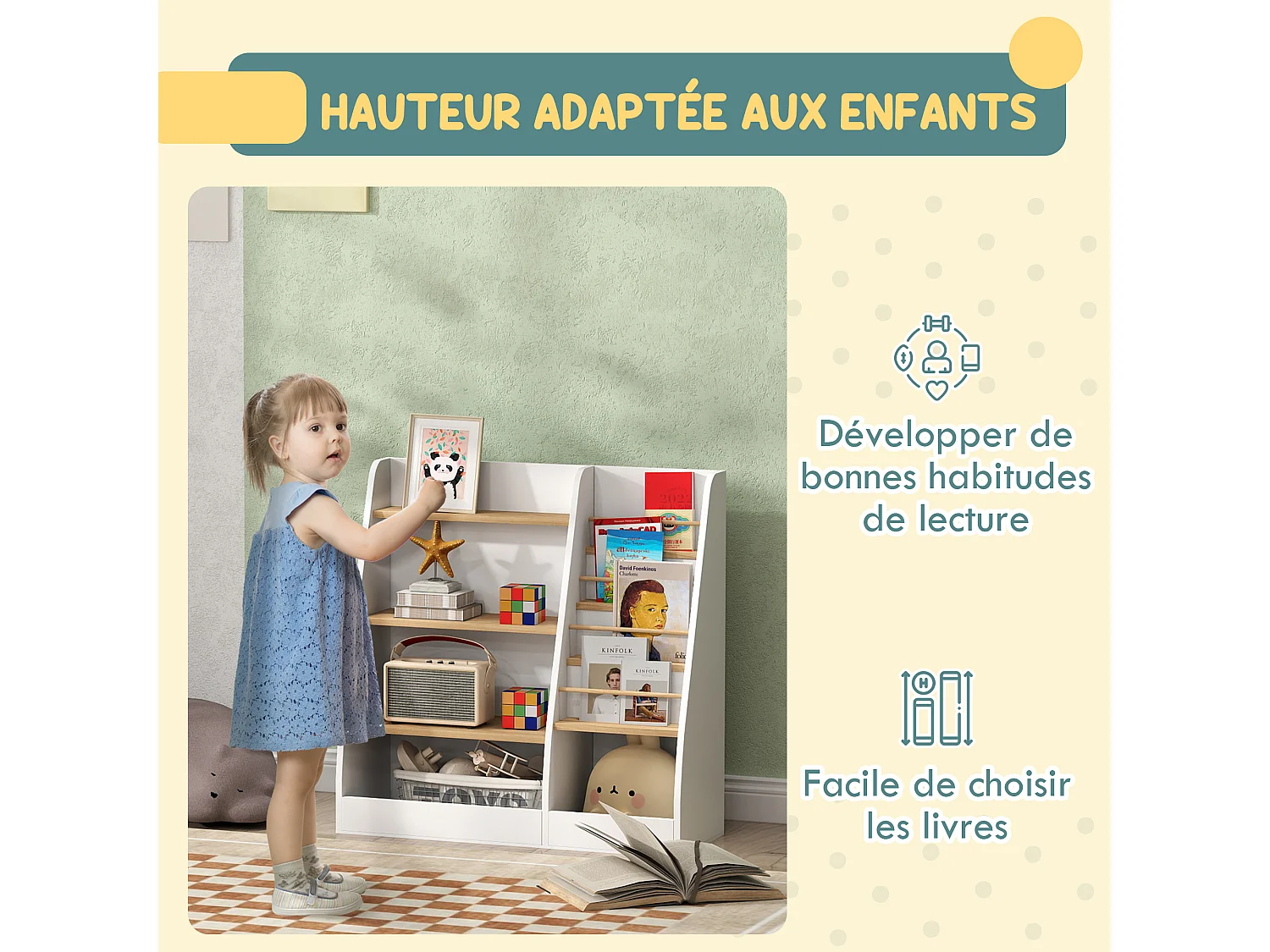 Bibliothèque enfant style nordique - 7 étagères, 2 niches - MDF blanc bois de pin clair