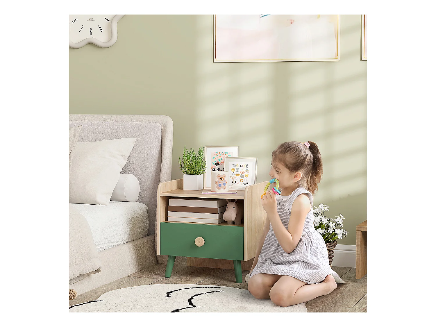 Chevet table de nuit enfant style nordique - tiroir, niche, plateau - aspect bois vert