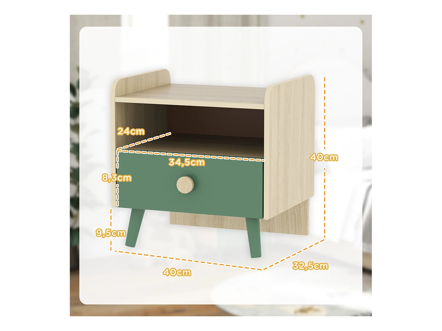 Chevet table de nuit enfant style nordique - tiroir, niche, plateau - aspect bois vert