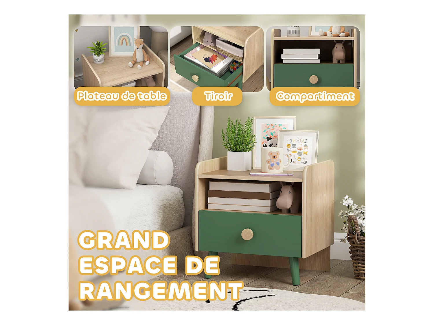 Chevet table de nuit enfant style nordique - tiroir, niche, plateau - aspect bois vert