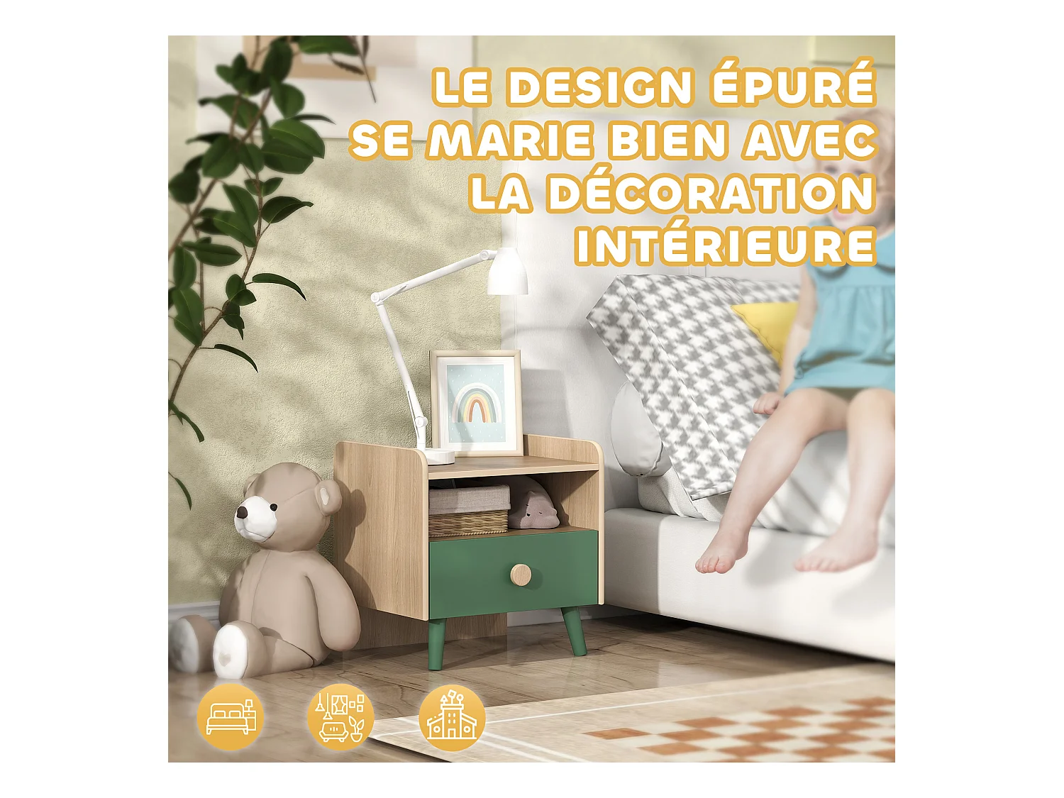 Chevet table de nuit enfant style nordique - tiroir, niche, plateau - aspect bois vert