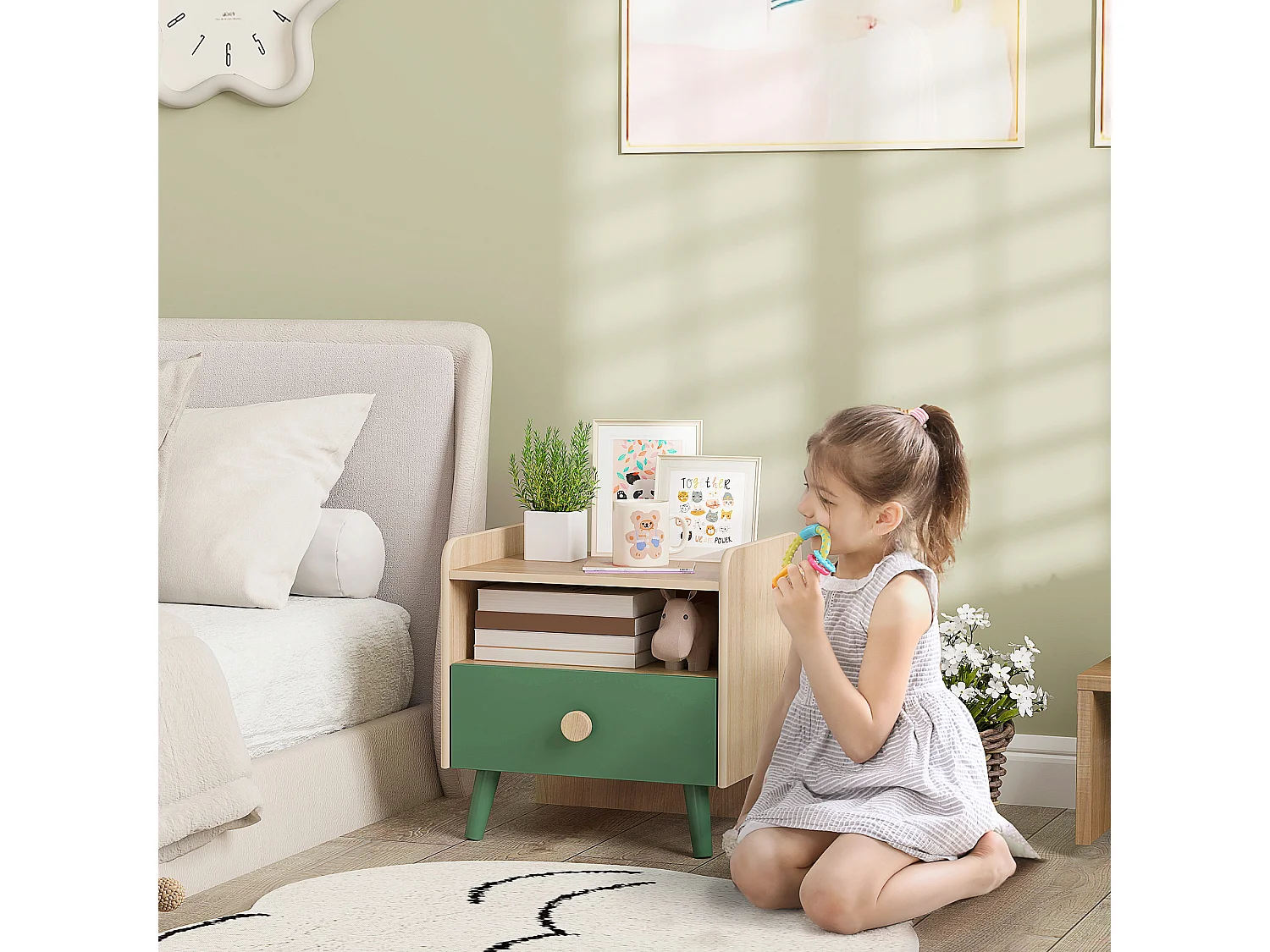 Chevet table de nuit enfant style nordique - tiroir, niche, plateau - aspect bois vert