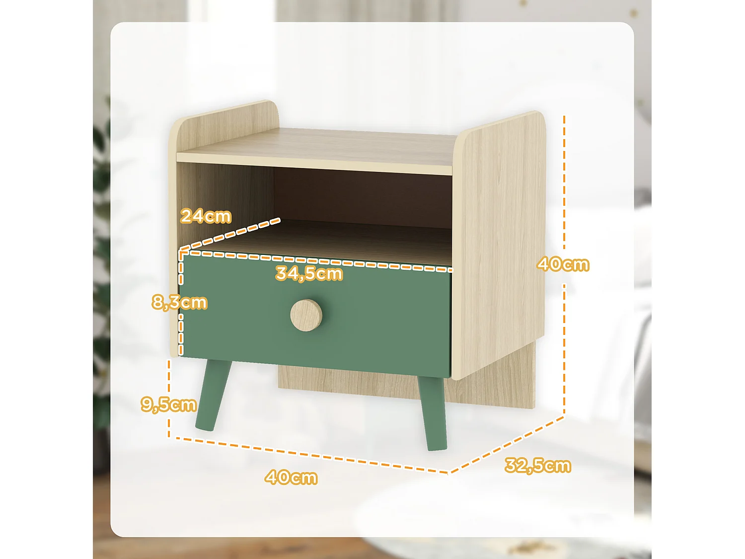 Chevet table de nuit enfant style nordique - tiroir, niche, plateau - aspect bois vert