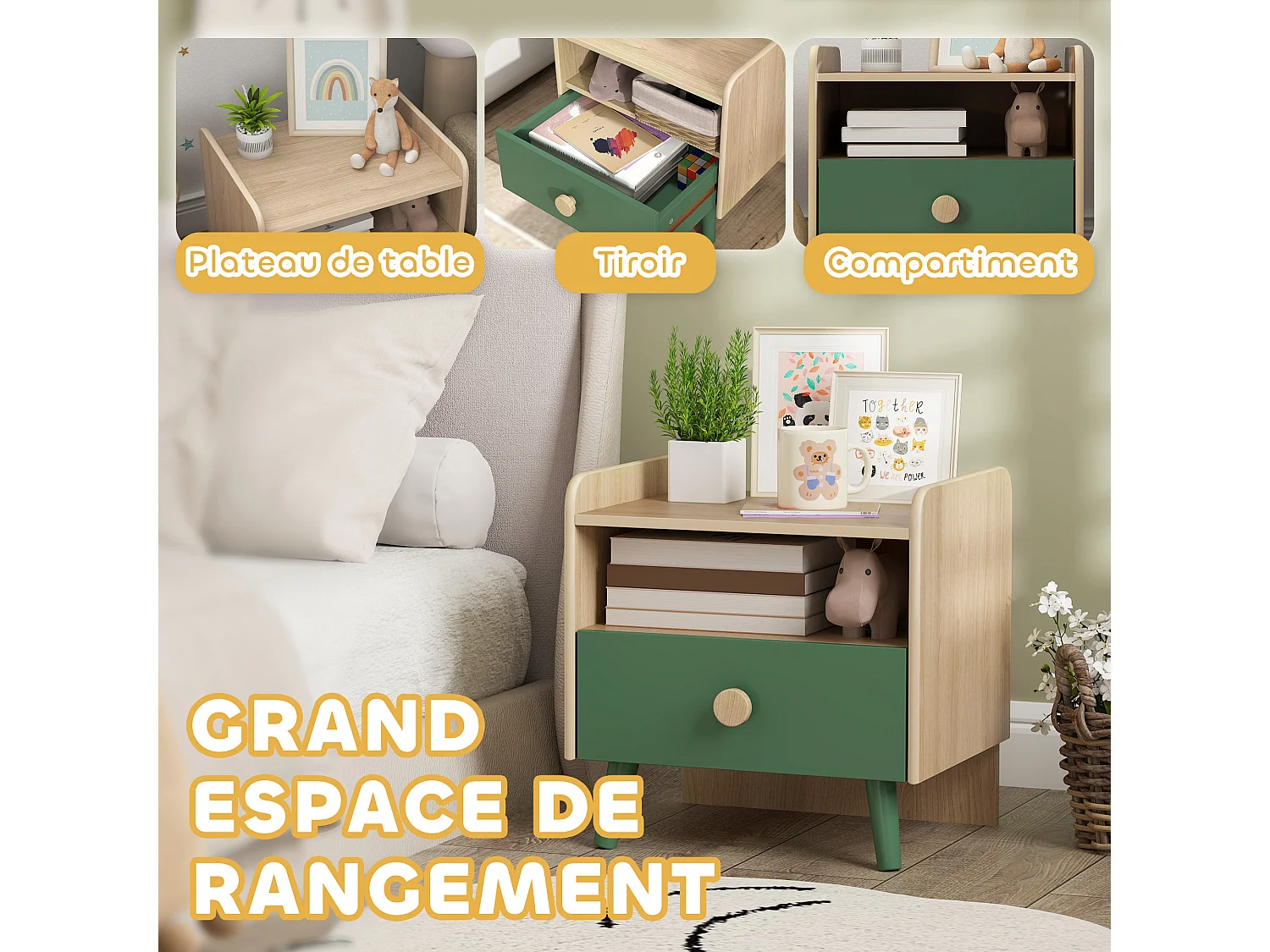 Chevet table de nuit enfant style nordique - tiroir, niche, plateau - aspect bois vert