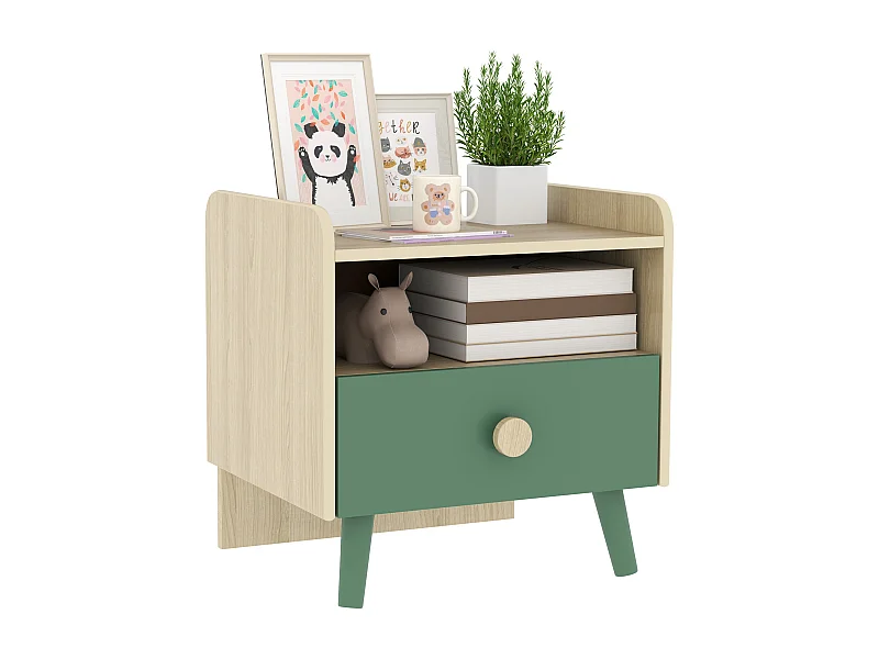 Chevet table de nuit enfant style nordique - tiroir, niche, plateau - aspect bois vert