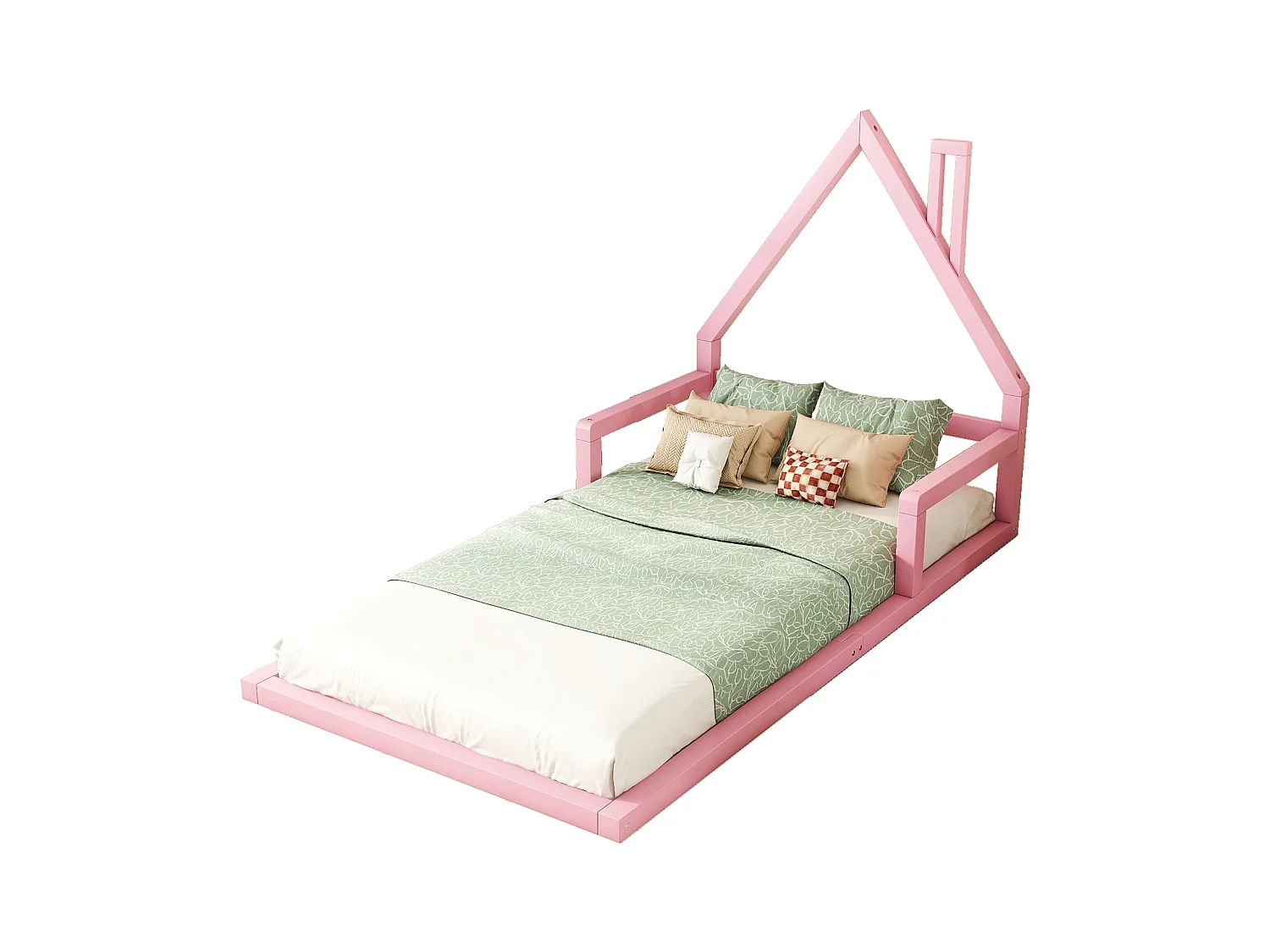 Lit enfant 90x200 cm avec sommier à lattes, forme maison, rose - sans matelas