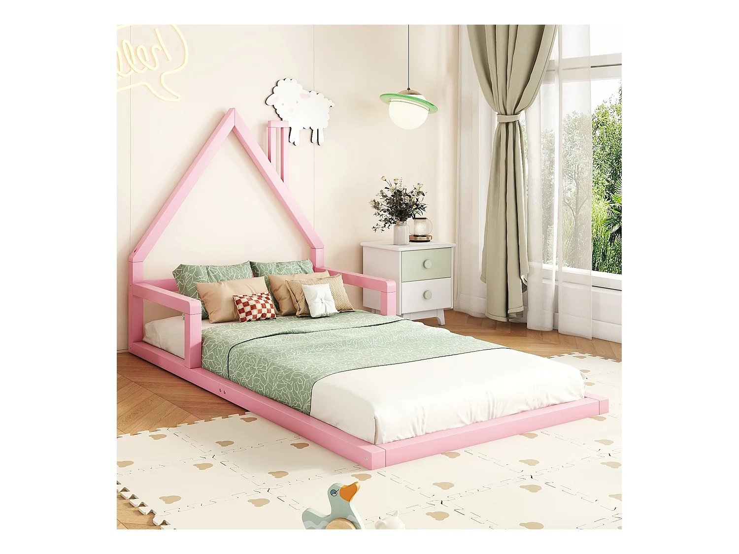 Lit enfant 90x200 cm avec sommier à lattes, forme maison, rose - sans matelas