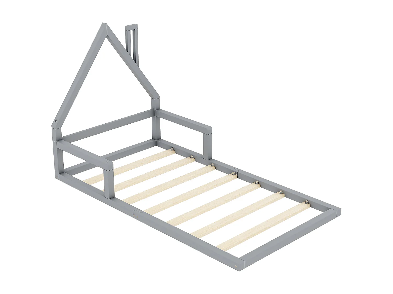 Lit enfant 90x200 cm avec sommier à lattes, forme maison, gris - sans matelas