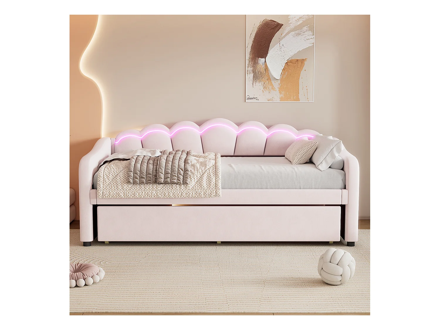 Lit banquette 90x200 cm avec lit gigogne et éclairage LED, velours rose - sans matelas
