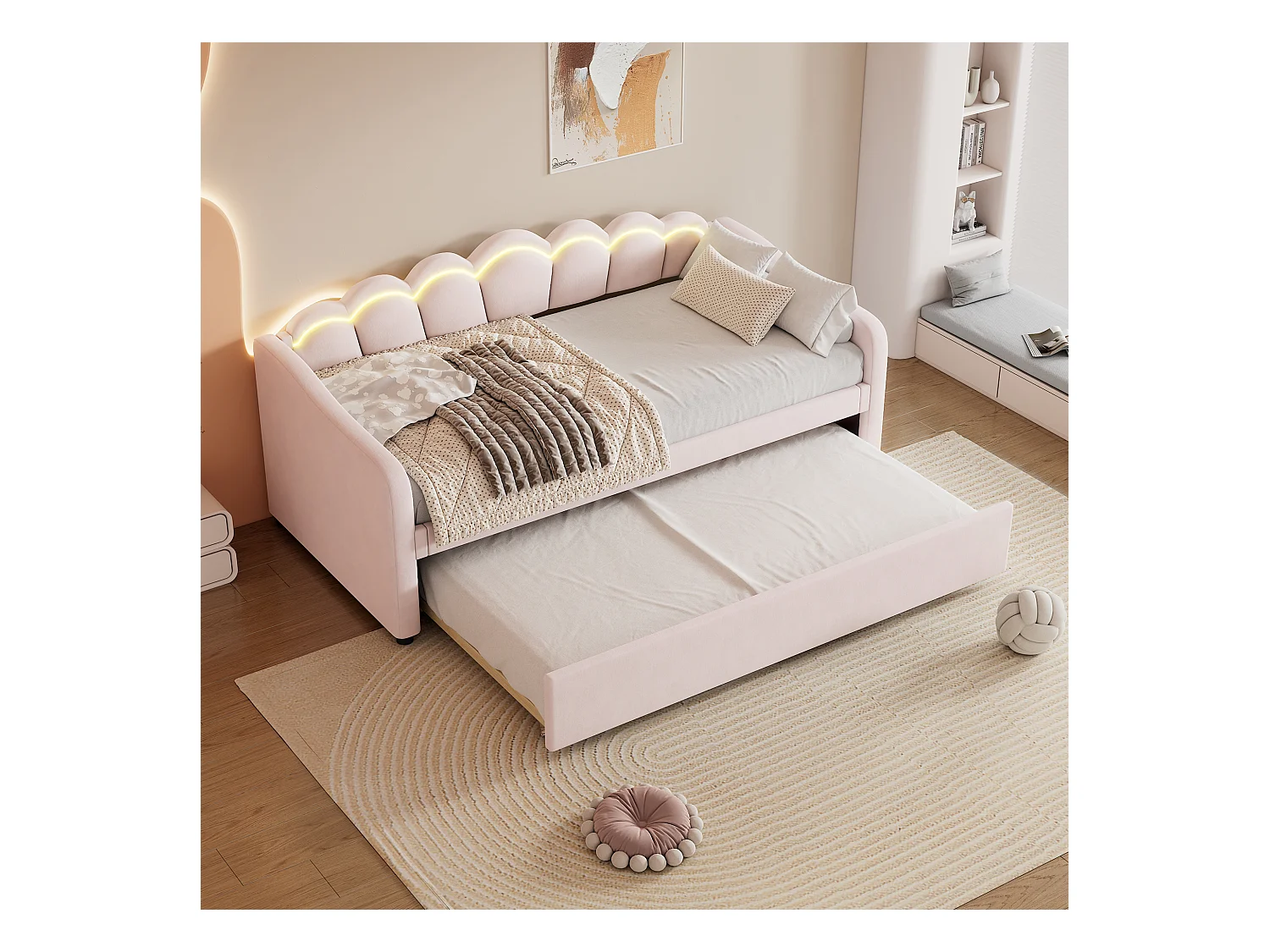 Lit banquette 90x200 cm avec lit gigogne et éclairage LED, velours rose - sans matelas