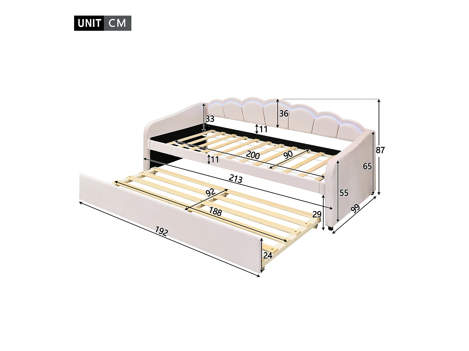 Lit banquette 90x200 cm avec lit gigogne et éclairage LED, velours rose - sans matelas