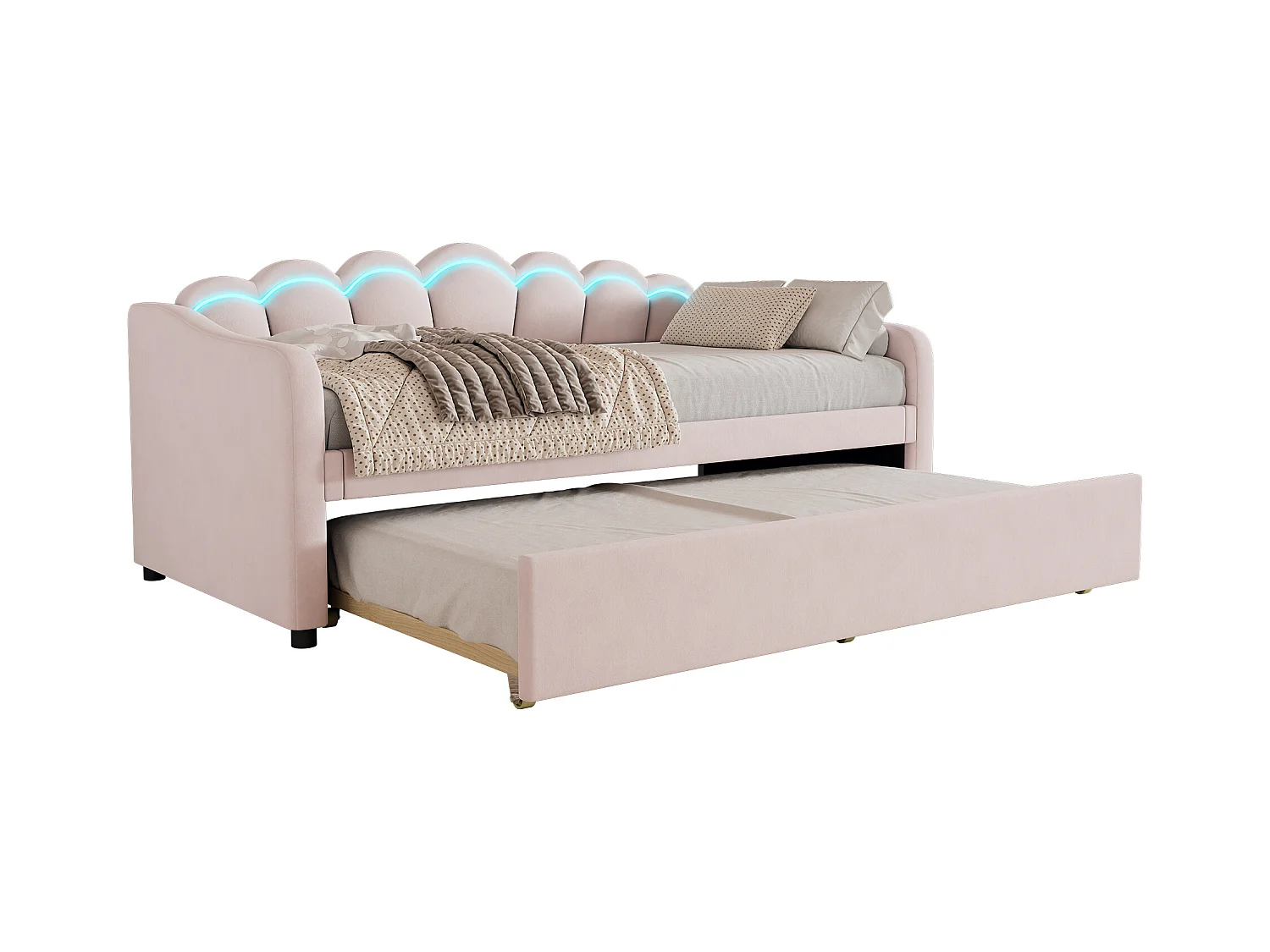 Lit banquette 90x200 cm avec lit gigogne et éclairage LED, velours rose - sans matelas