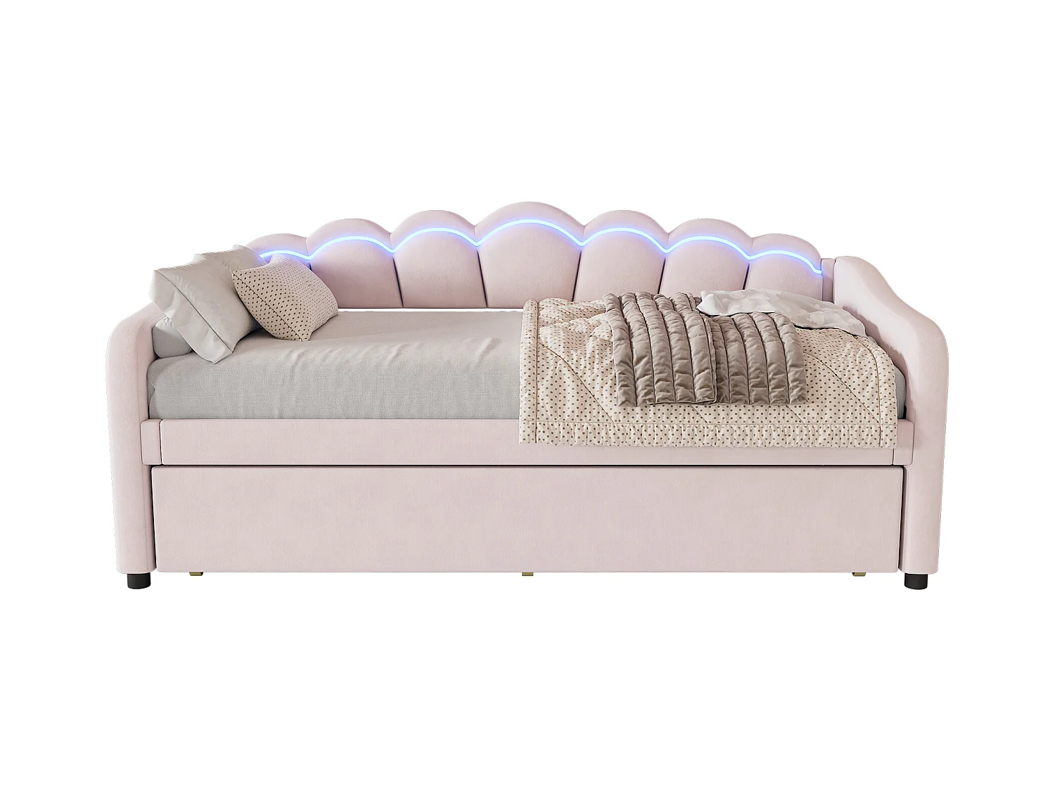 Lit banquette 90x200 cm avec lit gigogne et éclairage LED, velours rose - sans matelas