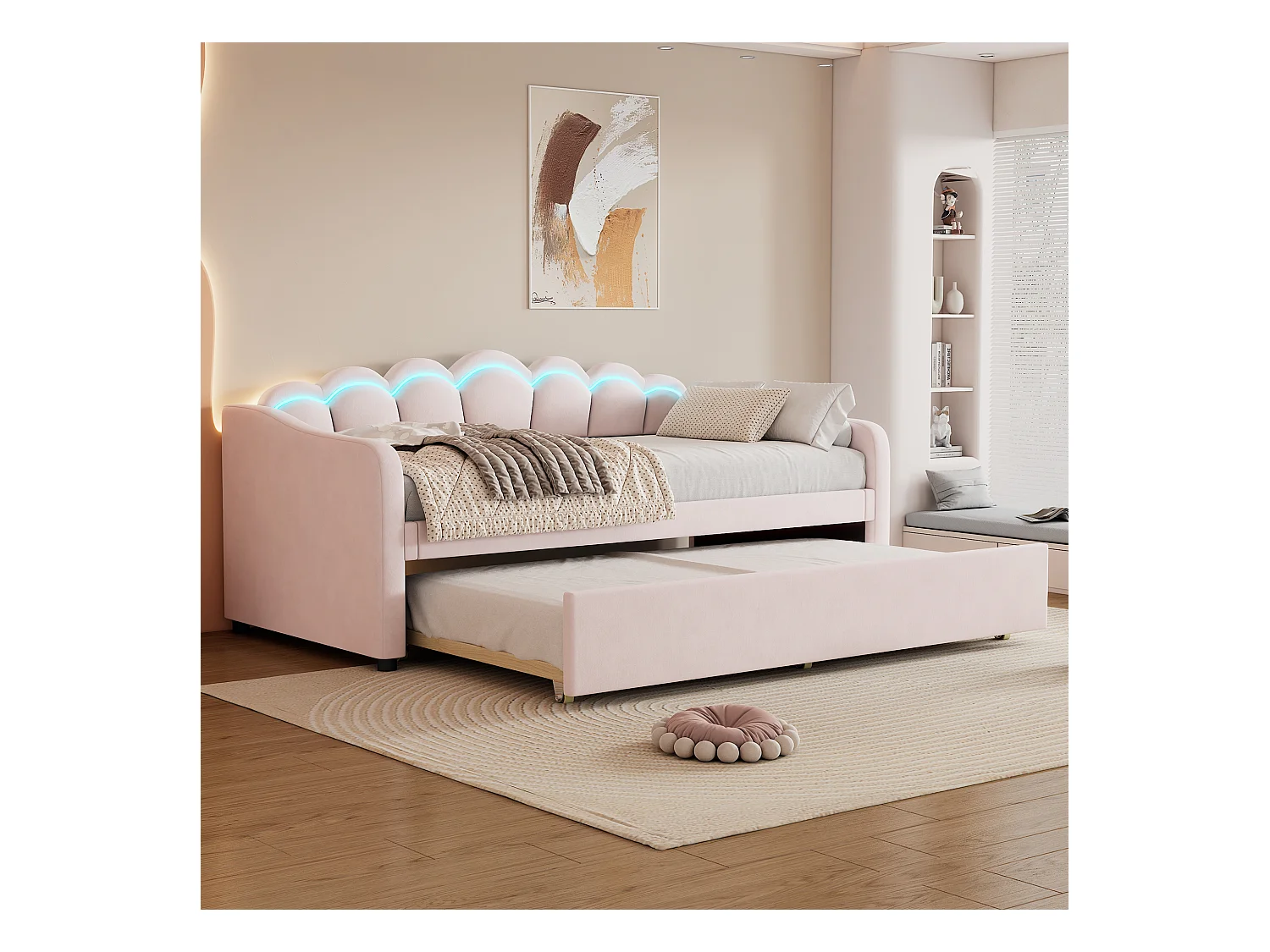 Lit banquette 90x200 cm avec lit gigogne et éclairage LED, velours rose - sans matelas
