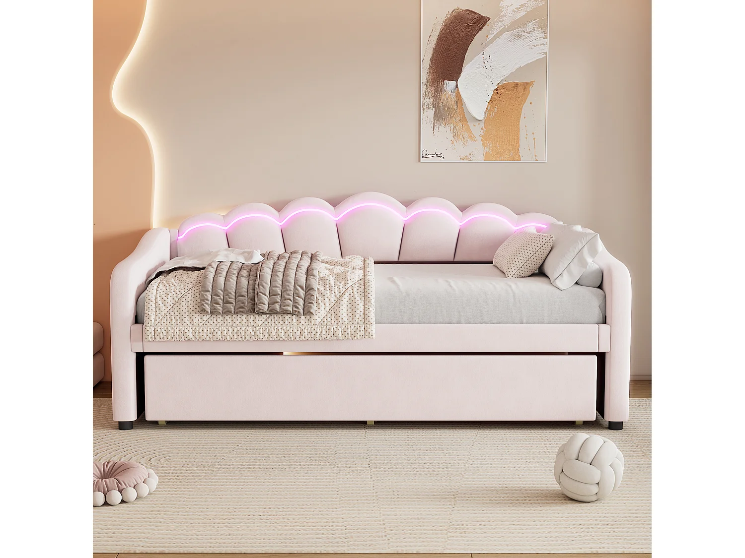 Lit banquette 90x200 cm avec lit gigogne et éclairage LED, velours rose - sans matelas