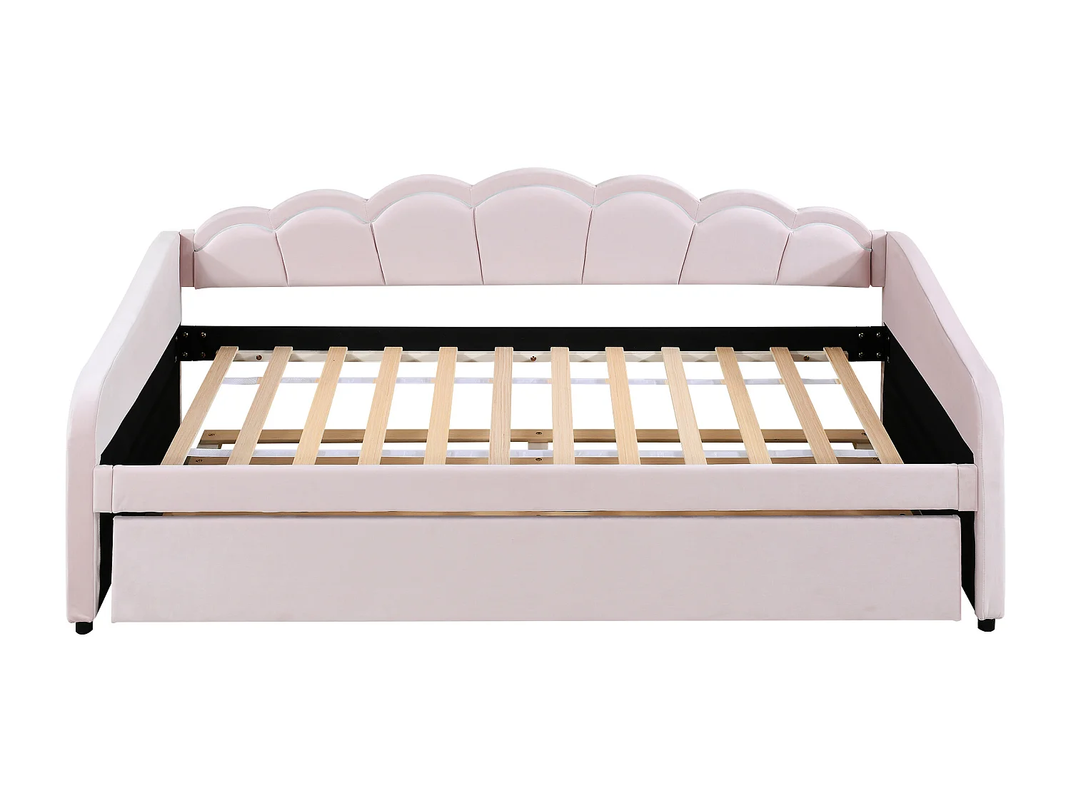 Lit banquette 90x200 cm avec lit gigogne et éclairage LED, velours rose - sans matelas