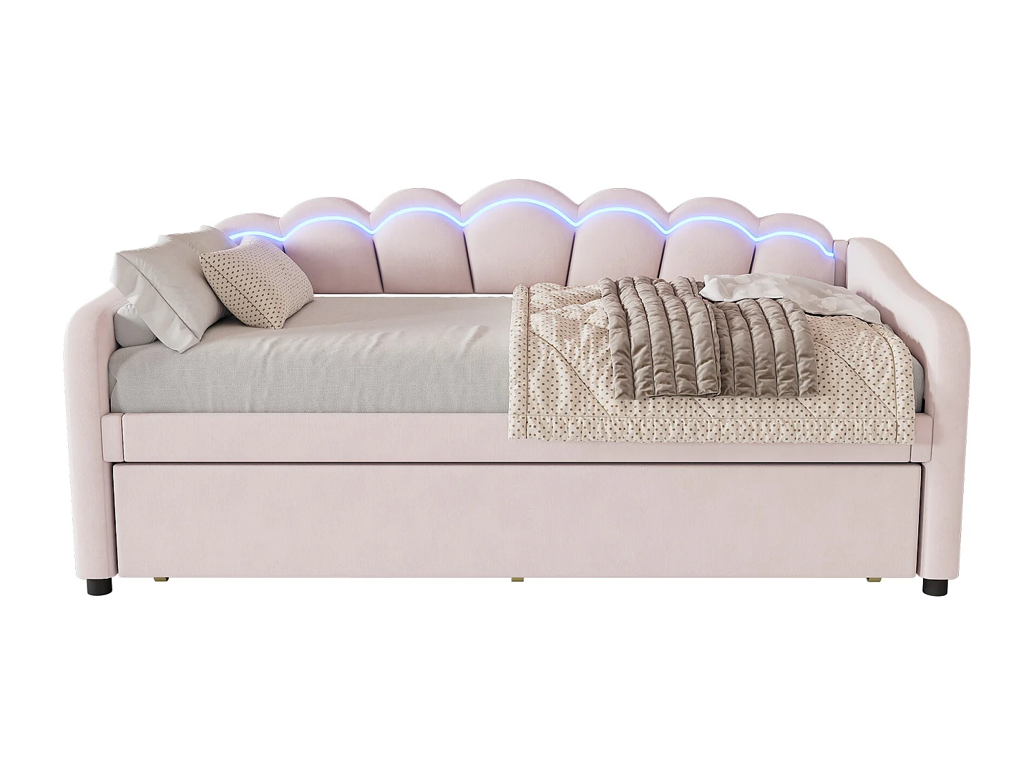 Lit banquette 90x200 cm avec lit gigogne et éclairage LED, velours rose - sans matelas