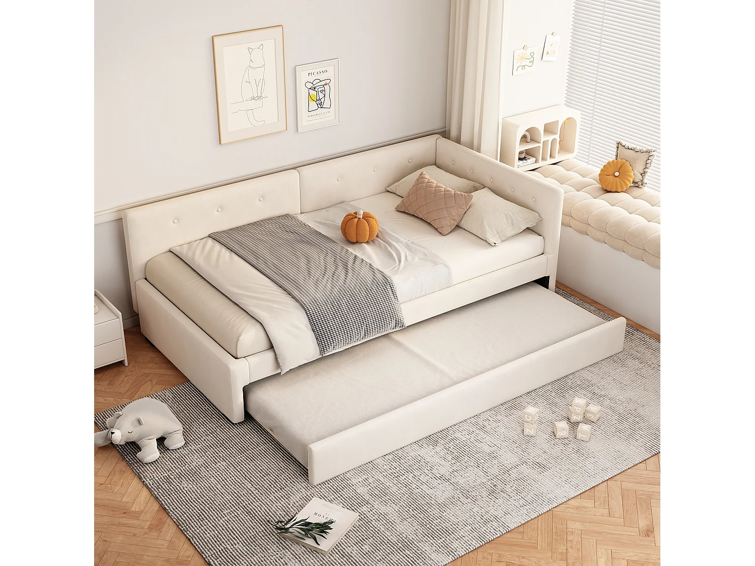 Lit banquette 90x200 cm avec lit gigogne et sommier à lattes, velours beige - sans matelas