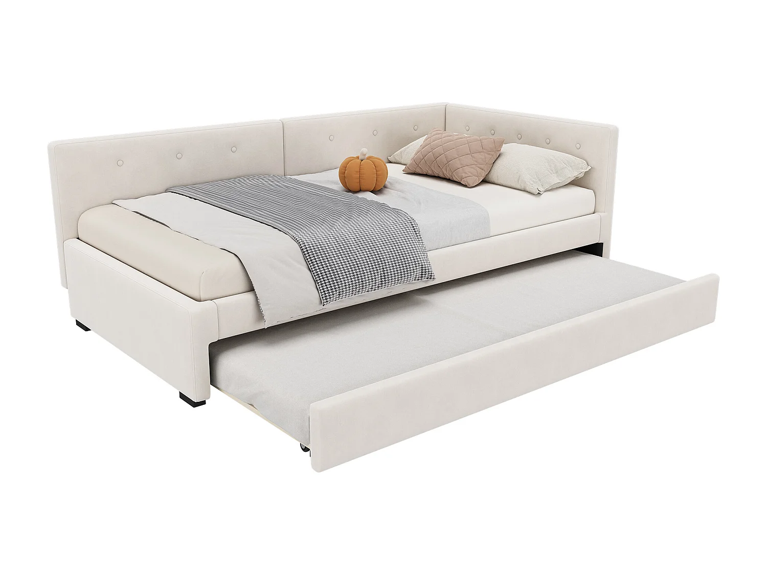 Lit banquette 90x200 cm avec lit gigogne et sommier à lattes, velours beige - sans matelas