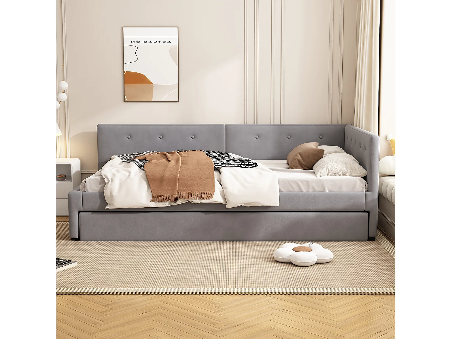 Lit banquette 90x200 cm avec lit gigogne et sommier à lattes, velours gris - sans matelas