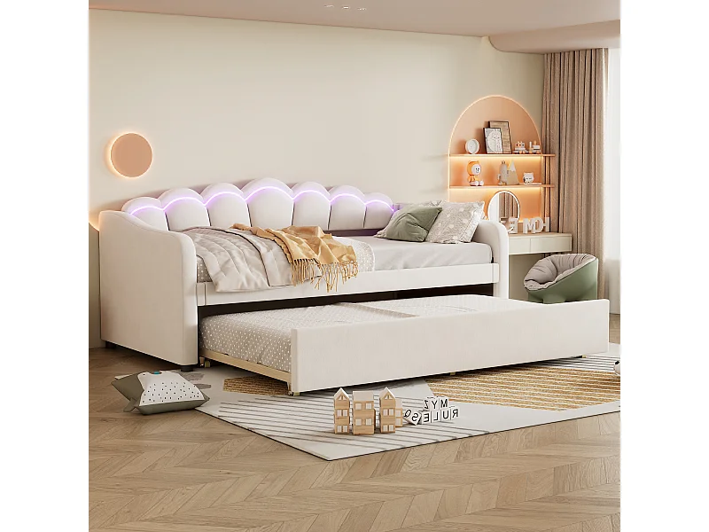Schlafsofa 90x200 cm mit Ausziehbett und LED-Beleuchtung, Samt beige - ohne Matratze