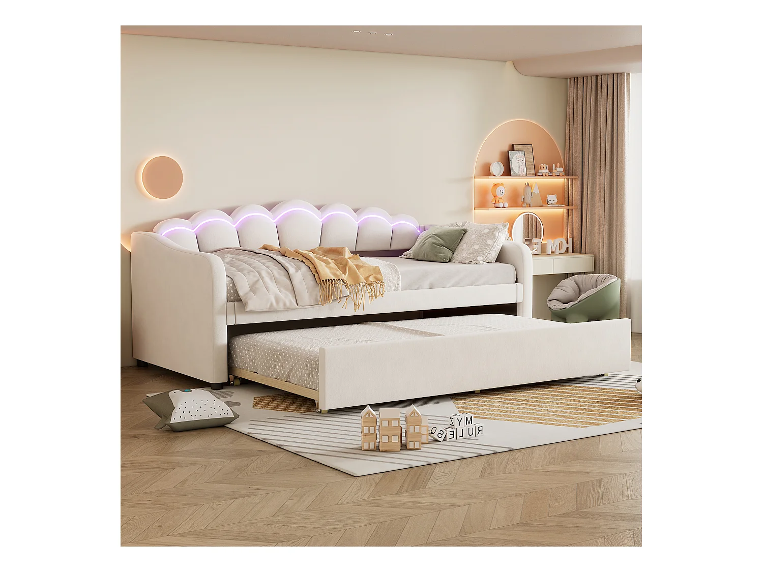 Lit banquette 90x200 cm avec lit gigogne et éclairage LED, velours beige - sans matelas