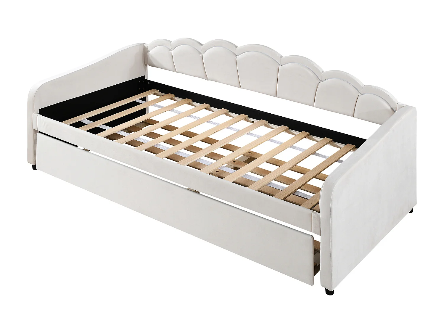 Lit banquette 90x200 cm avec lit gigogne et éclairage LED, velours beige - sans matelas