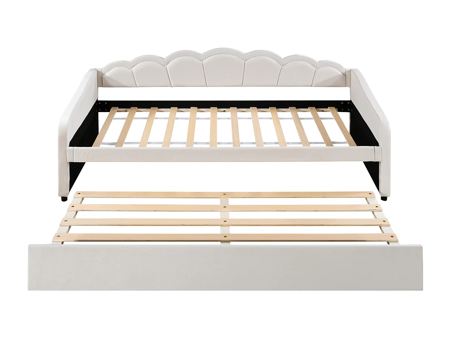 Lit banquette 90x200 cm avec lit gigogne et éclairage LED, velours beige - sans matelas