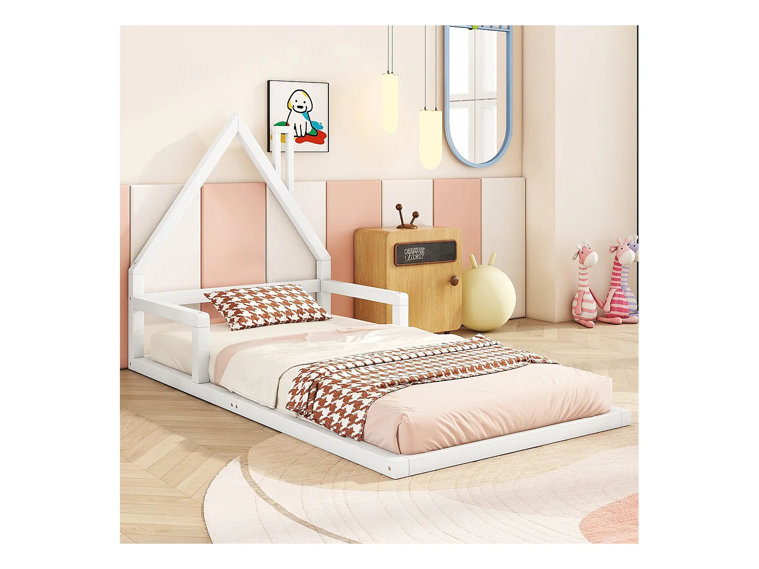 Cama infantil 90x200 cm con somier de láminas, forma de casita, blanca - sin colchón