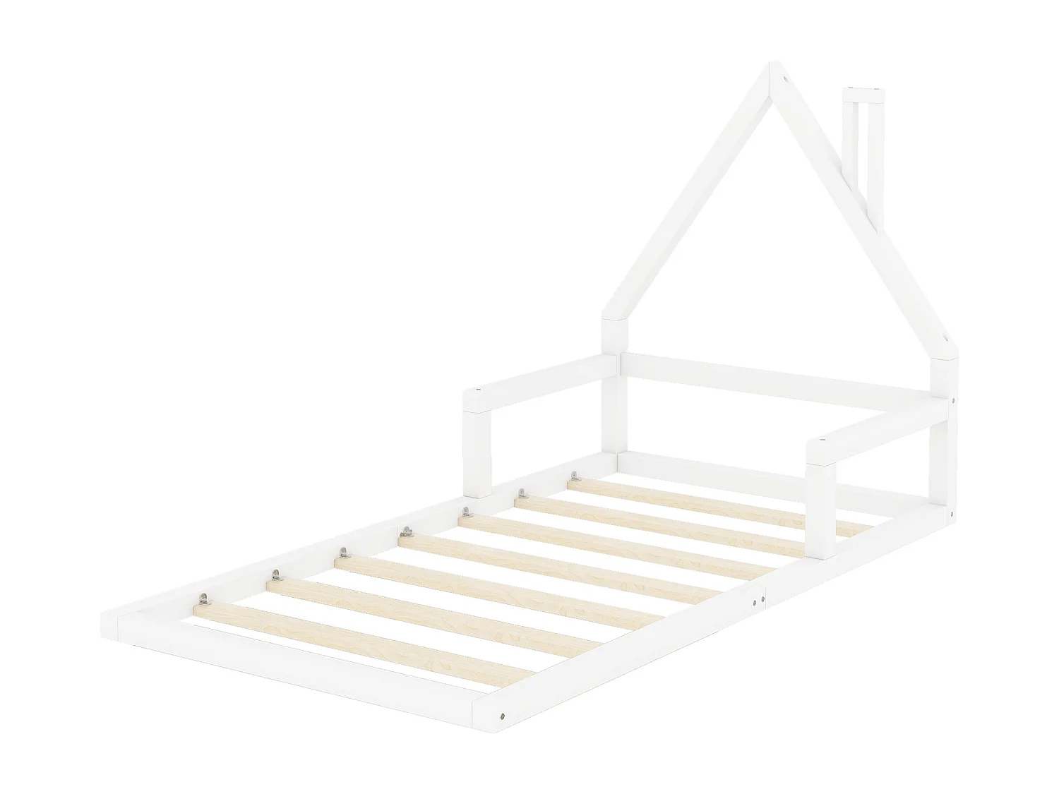 Cama infantil 90x200 cm con somier de láminas, forma de casita, blanca - sin colchón