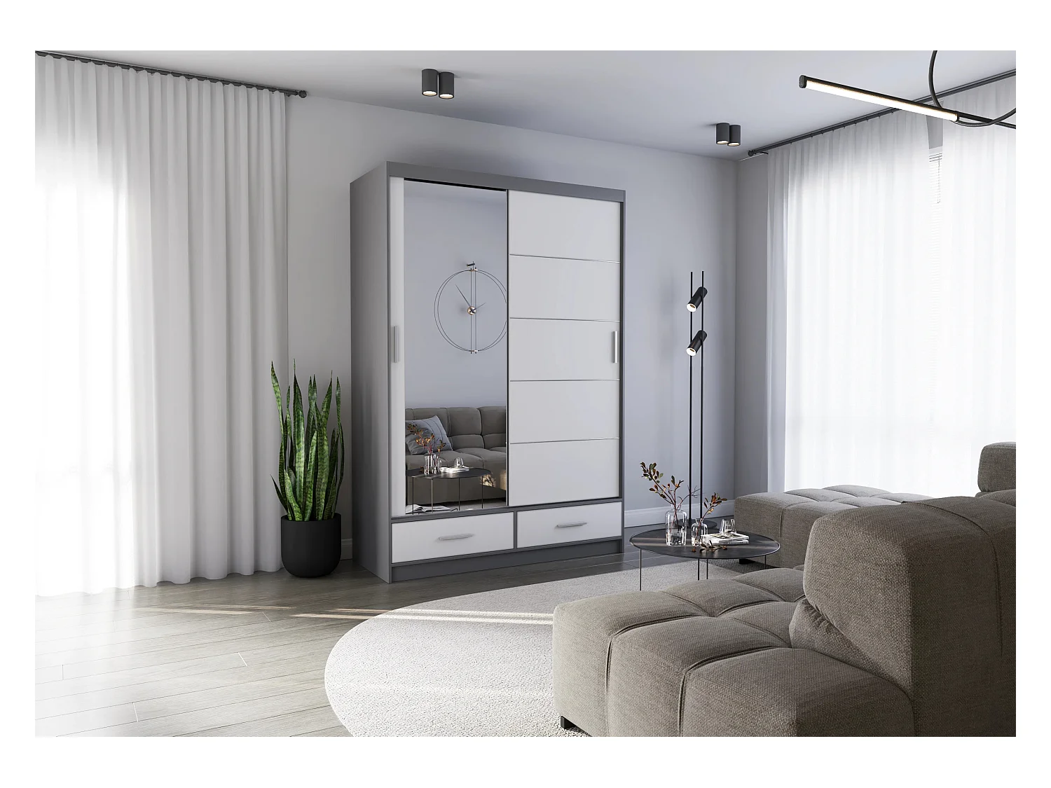 Armoire Silvana 150 cm avec miroir - Gris - Blanc