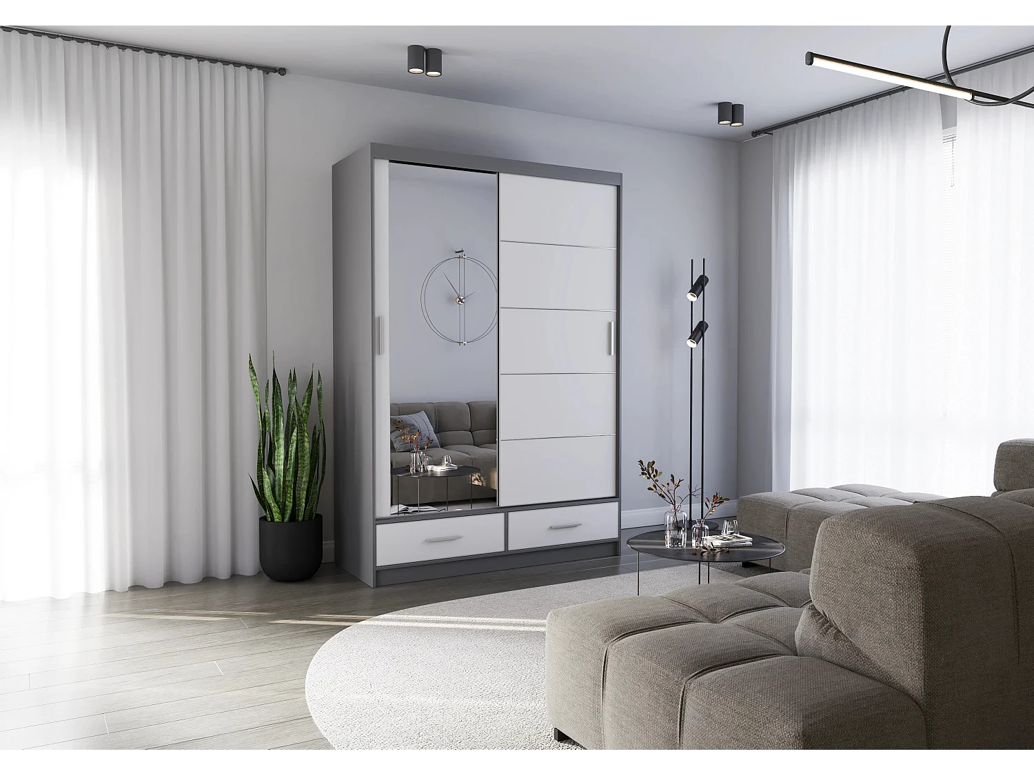 Armoire Silvana 150 cm avec miroir - Gris - Blanc