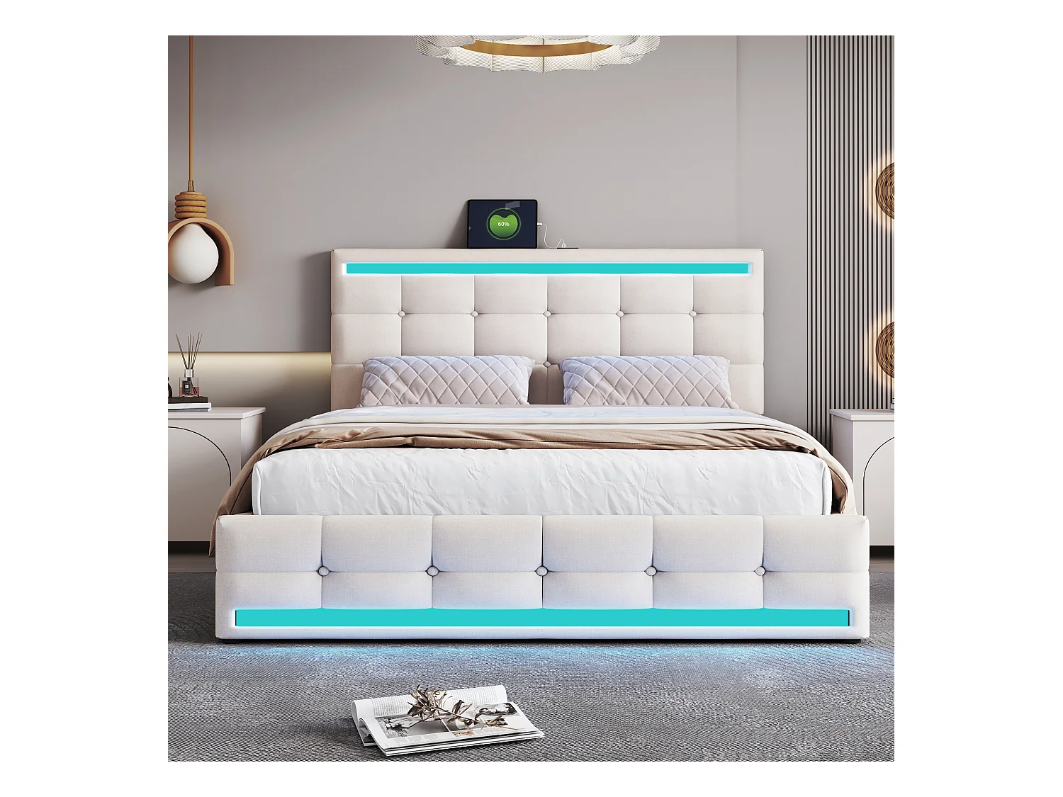 Łóżko z pojemnikiem 140x200 cm z LED i portem USB, regulowane wezgłowie, len beżowy - bez materaca